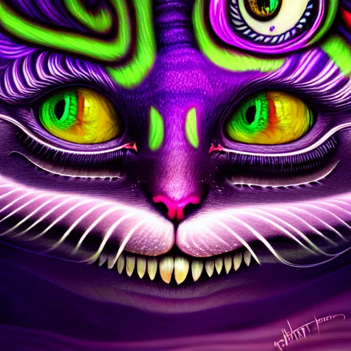 Image similar to An extremely psychedelic portrait of Cheshire cat, Surreal, LSD, face, detailed, intricate, elegant, lithe, highly detailed, digital painting, artstation, concept art, smooth, magical, Occult, astonishingly beautiful, sharp focus, illustration