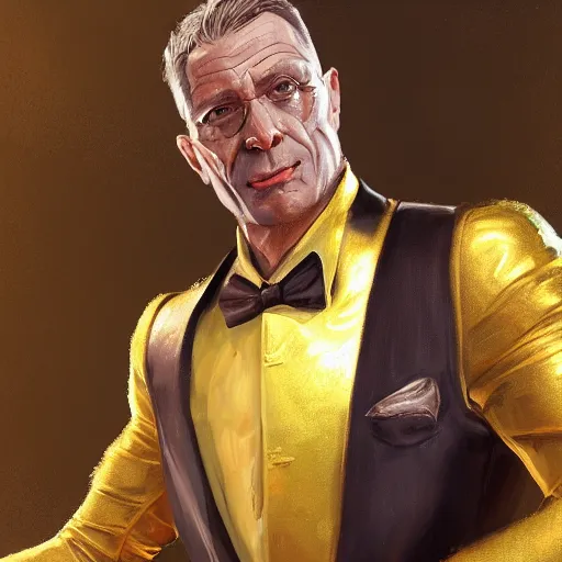 Image similar to a painted portrait of a middle-aged man in a golden suit, D&D, sci-fi, elegant, hopeful, muscular, highly detailed, digital painting, artstation, concept art, smooth, sharp focus, illustration