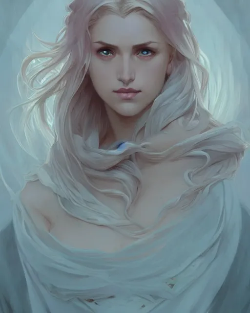 Image similar to '' Portrait of Beautiful blonde Slavic woman in her early 30’s, league of legends, LOL, fantasy, d&d, digital painting, artstation, concept art, sharp focus, illustration, art by greg rutkowski and alphonse mucha ''