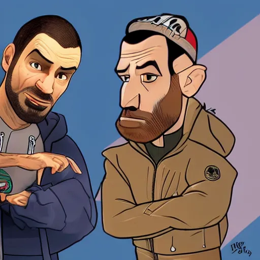 Image similar to niko and roman bellic from gta iv in disney pixar style