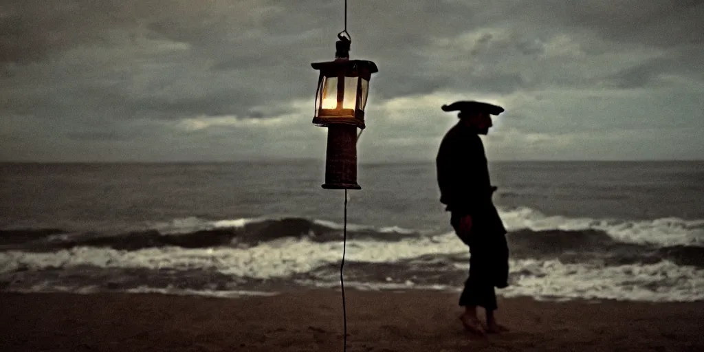 Image similar to film still of closeup old man holding up lantern by his beach hut at night. pirate ship in the ocean by emmanuel lubezki