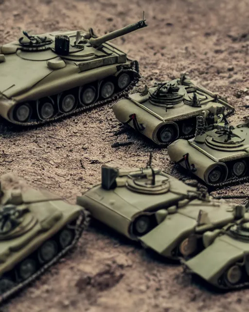 Image similar to high quality presentation photo of a detailed miniature diorama of a tank battle with miniature soldiers, photography 4k, f1.8 anamorphic, bokeh, 4k, Canon, Nikon