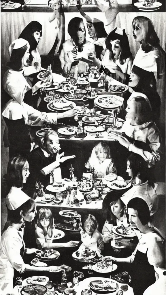 Image similar to occult satanic food ritual, 1 9 6 0 s food magazine photo