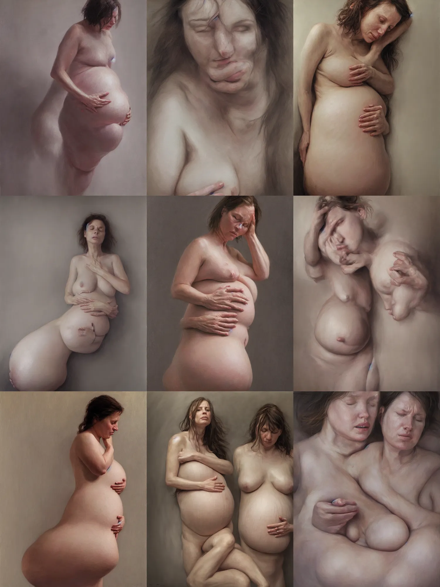 Prompt: pregnant woman by Alyssa Monks Franz r full hyper realism realistic proportions dramatic_lighting