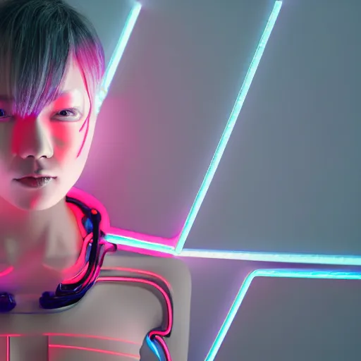 Prompt: beautiful japanese cyborg with digital led skin, neon lighting, techno neon projector background, portrait photo, octane render