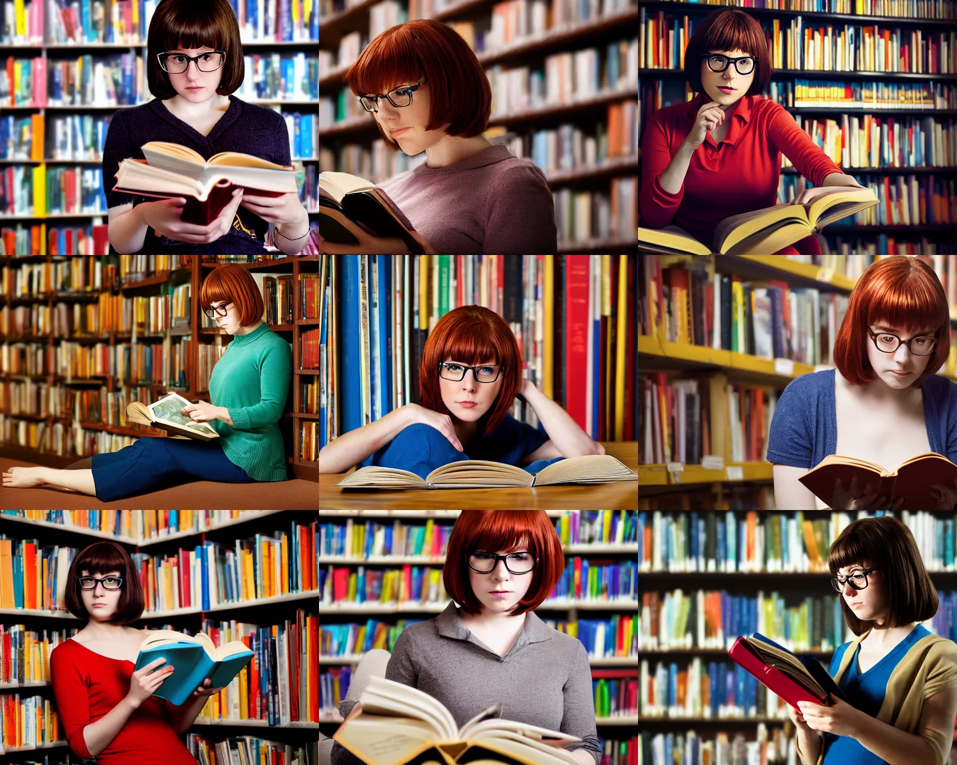 Prompt: velma dinkley cosplayer reading a book at a library, dramatic lighting, close - up studio photographic portrait by steve mccurry