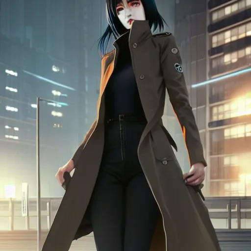 Prompt: realistic render of a cyborg girl wearing a long trench coat by ross draws, futuristic dystopian street by ilya kuvshinov, digital anime art by ross tran, composition by sana takeda, lighting by greg rutkowski