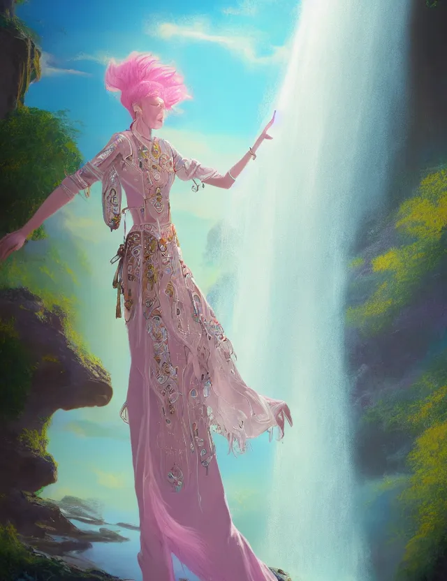 Prompt: techno - embroidered androgyne with filigree and beads walks by a waterfall in the sky, safe for work, vivid pastel color scheme, by award - winning concept artist, dynamic composition, backlighting, radiant light