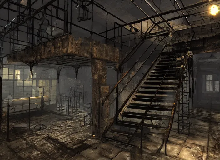 Prompt: wire, grate, iron, pipes, steam, fans, stairs, rust horror darkness, destroyed, highs detailed, unreal engine