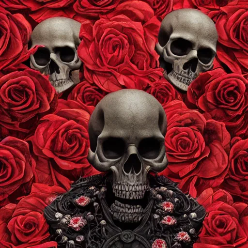 Prompt: skulls and roses, intricate artwork by Tooth Wu and wlop and beeple. octane render, trending on artstation, greg rutkowski very coherent symmetrical artwork. cinematic, hyper realism, high detail, octane render, 8k, red and black tones