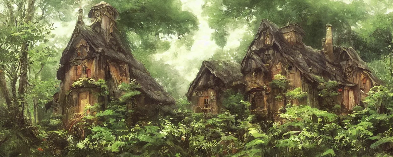Prompt: a witches house nestled between the lush forest, trending on pixiv fanbox, painted by disney studio ghibli, eugene von guerard, ivan shishkin, john singer sargent