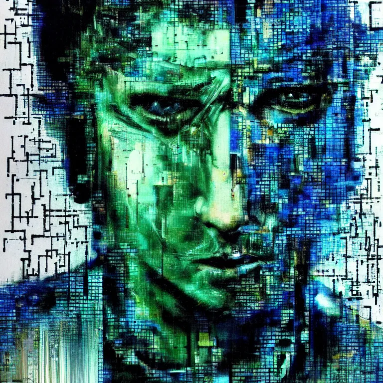 Prompt: portrait of a cyberpunk man, mysterious, glitch effects over the eyes, by Guy Denning, by Johannes Itten, by Russ Mills, glitch art, hacking effects, chromatic, cyberpunk, intricate detail, Blue and Green, color blocking, oil on canvas, concept art, abstract, trending on artstation, masterpiece