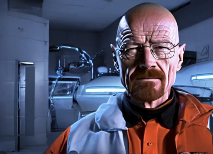 Image similar to film still of Walter White as Gordan Freeman wearing a black HEV suit with a glowing orange black mesa logo in front with a glowing blue portal in the background in the Half Life Movie, 4k