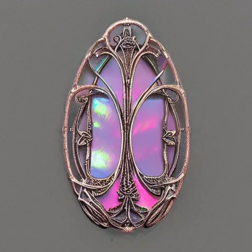 Prompt: a beautifully lit museum photograph of art nouveau iridescent pink glass sculptural iris brooch, intricate, complex, detailed, with silver filigree