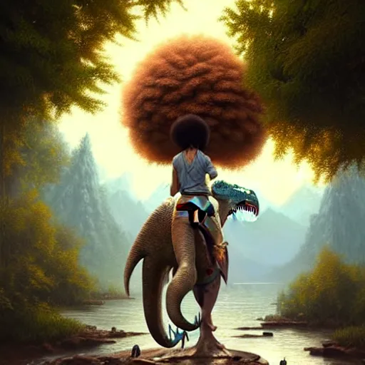 Image similar to bob ross!!! riding!!! a dinosaur!!, giant afro!, model pose, ultra realistic, concept art, intricate details, highly detailed, photorealistic, octane render, 8 k, unreal engine. art by artgerm and greg rutkowski and alphonse mucha