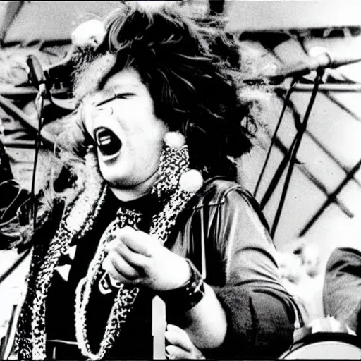 Image similar to Godzilla as Janis Joplin performing on stage at Woodstock, photo