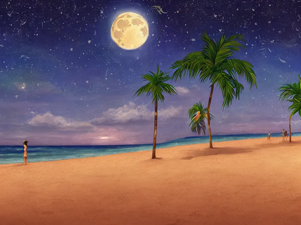 Prompt: night on a summer miami city beach, palm trees, footprints in the sand, full moon reflected in the calm ocean, starry sky 8 k, ultra detailed, trending on artstation, digital painting