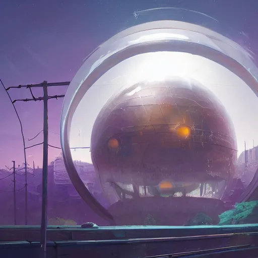 Image similar to A city trapped in a giant transparent dome, bubbles, science fiction, smooth, cinematic lighting, insanely detailed, artstation, cgsociety, painted by Simon Stalenhag, concept art, illustration, sharp focus,