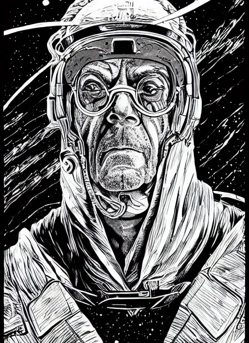 Prompt: Christopher Lloyd as badass space wizard in retro science fiction cover by Moebius, vintage 1960 print, inked, detailed, hyper realistic, trending on artstation