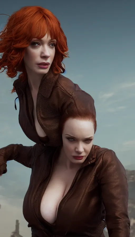 Image similar to Christina Hendricks, perfectly-centered-photograph of Christina Hendricks, sweaty, dynamic action pose, insane, intricate, highly detailed, Zeiss Lens, smooth, sharp focus, Unreal Engine 5, Octane Render, Redshift, 8K