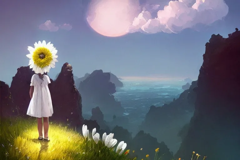 Image similar to giant white daisy flower as head, girl walking on cliff, surreal photography, solar eclipse, milky way, dramatic light, impressionist painting, clouds, digital painting, artstation, james gilleard, liam wong, jeremy mann, simon stalenhag