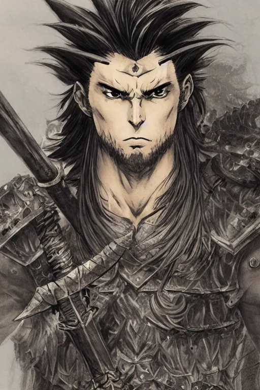 Prompt: A realistic anime portrait of a young handsome male barbarian with long wild hair, intricate fantasy spear, plated armor, vivid colors, colored, D&D, dungeons and dragons, tabletop role playing game, rpg, jrpg, digital painting, by Frank Frazetta and Kentaro Miura, concept art, highly detailed, promotional art, HD, digtial painting, trending on ArtStation, golden ratio, rule of thirds, SFW version