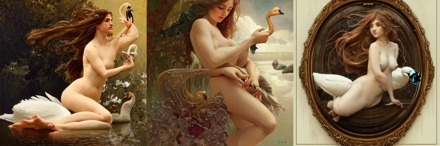Prompt: a picture of leda and the swan by bettina rheims, intricate, elegant, highly detailed, digital painting, artstation, smooth, sharp focus, art by artgerm and greg rutkowski and alphonse mucha