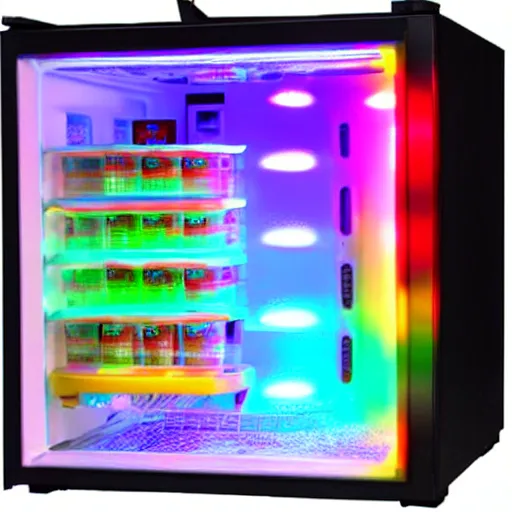 Prompt: gaming refrigerator with colourful RGB lights,