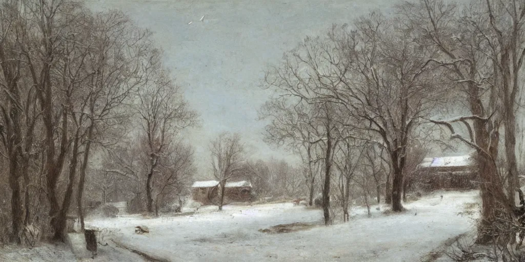 Image similar to a house during a severe winter, by george henry durrie, tree swaying, snow falling