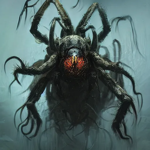 Prompt: An arachnid monster, feral, horrific, drawn by Ruan Jia, fantasy art, dramatic lighting, digital art,highly detailed