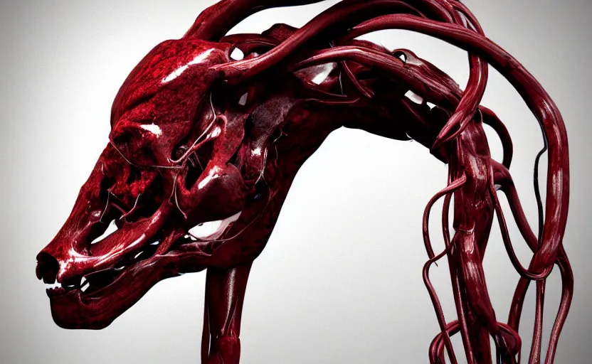 Image similar to anatomical deep red arteries veins flesh stylized shiny polished silver statue full body bizarre extra limbs cosmic horror quadruped animal cow bovine skull four legs made of creature tendrils perfect symmetrical body perfect symmetrical face hyper realistic hyper detailed by johannen voss by michelangelo octane render blender 8 k displayed in pure white studio room