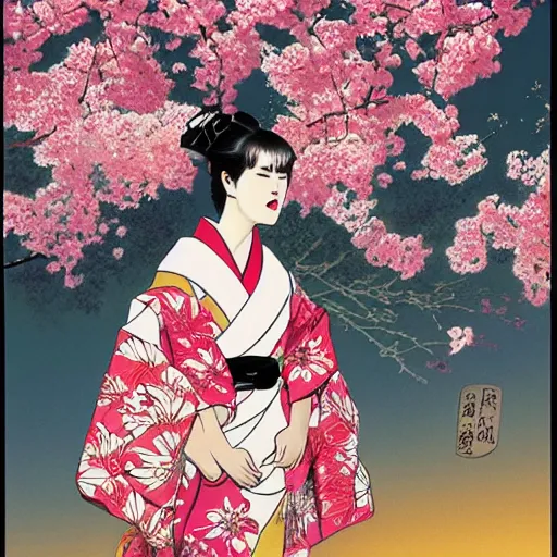 Prompt: A beautiful performance art of a young woman in a traditional kimono, with a background of sakura blossoms. comic book art, apricot by Arthur Boyd, by Glen Fabry