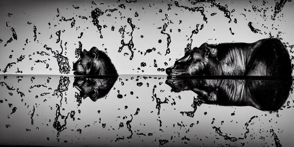 Image similar to the black lioness made of ferrofluid, dripping tar, drooling ferrofluid, crawling out of the air vent. dslr, photography, animal photography, goo, reflections, sticky, melting