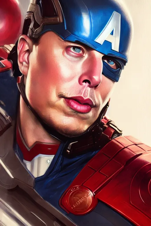 Image similar to elon musk as captain america, portrait, highly detailed, digital painting, artstation, concept art, smooth, sharp focus, illustration, cinematic lighting, art by artgerm and greg rutkowski and alphonse mucha