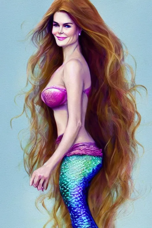 Image similar to portrait of a mix of beautiful young maria shriver, mariel hemmingway, brooke shields, nicole kidman and elle macpherson as a mermaid, thin lips, hair tied up in a pony tail, colorful artstation, cgsociety