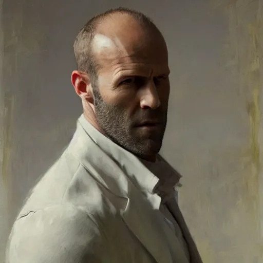 Prompt: Jason Statham conceals his brain whilst wearing a white labcoat acrylic painting edouard riou ruan jia greg rutkowski achille beltrame