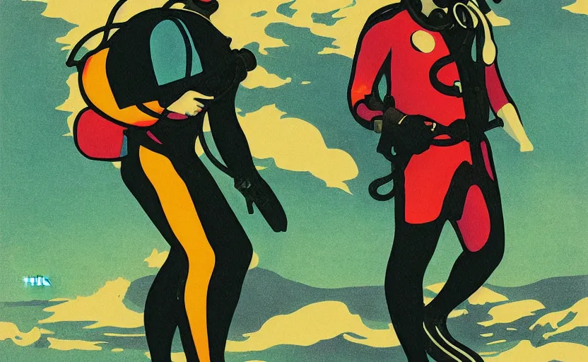 Prompt: vaporwave art deco of scuba diver by adolphe millot