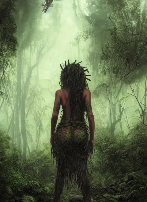 Prompt: a tribal woman from behind, in front of the aircraft carrier USS Nimitz overgrown with lush vegetation, lush rain forest, post appocalyptic, by Luis Royo, by Greg Rutkowski, dark, gritty, intricate, backlit, strong rim light, cover illustration, concept art, volumetric lighting, volumetric atmosphere, sharp focus, octane render, trending on artstation, 8k