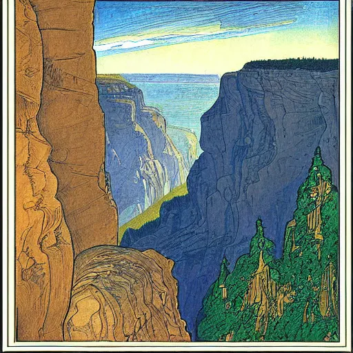 Prompt: a canyon with faces in the cliff walls, by ivan bilibin