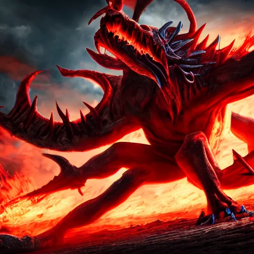 Prompt: a hyper realistic photo of the demon lord aatrox fighting against leg guy the unbeatable on a barren hellscape surrounded by a ring of fire, ultra detailed, hdr, 8 k