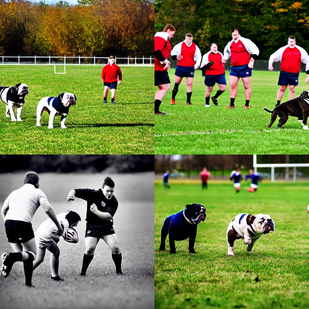 Prompt: Bulldogs out on a field playing rugby. Dogs, canines. Sports photo.