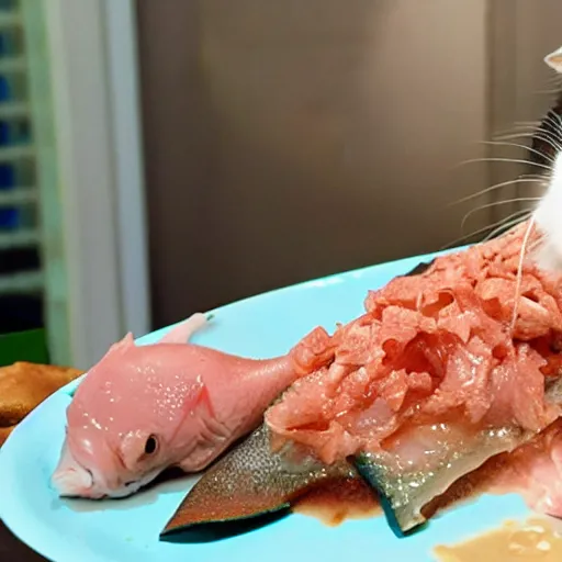 Image similar to Cat mukbang, crunching, chewing, licking, savory fish, delicious tuna