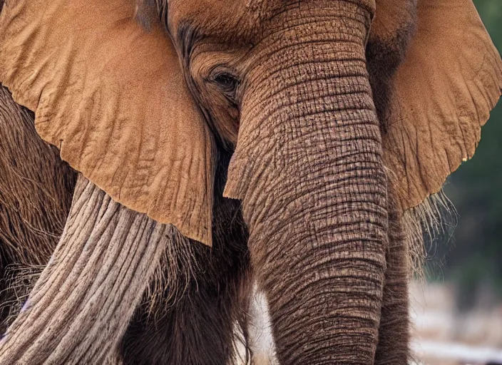 Prompt: closeup of a very wooly brown hairy mammoth, ((elephant)), mastodon, mammoth, detailed fur, zoo photography, National Geographic, HD,