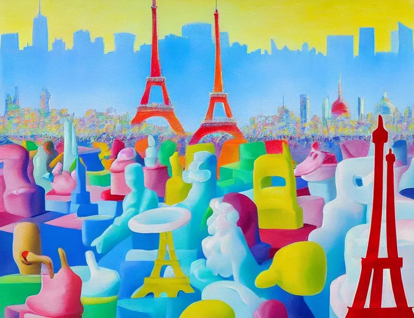 Image similar to a funny impressionistic painting of ice sculptures made of colorful icecream in the shape of the skyline of paris with eiffel tower on a very sunny summer day, very hot and the ice is melting fast and people are swimming their way through in the icecream in the style of james jean and fernando botero