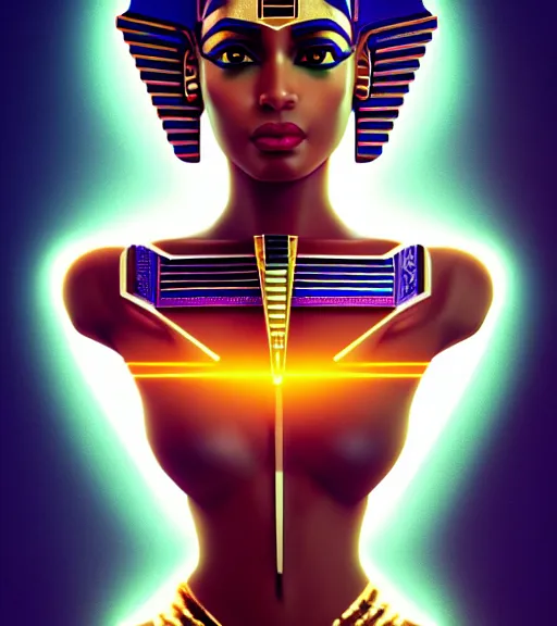 Prompt: symmetry!! egyptian goddess of technology, solid cube of light, hard edges, product render retro - futuristic poster scifi, lasers and neon circuits, brown skin beautiful egyptian goddess, intricate, elegant, highly detailed, digital painting, artstation, concept art, smooth, sharp focus, illustration, dreamlike, art by artgerm