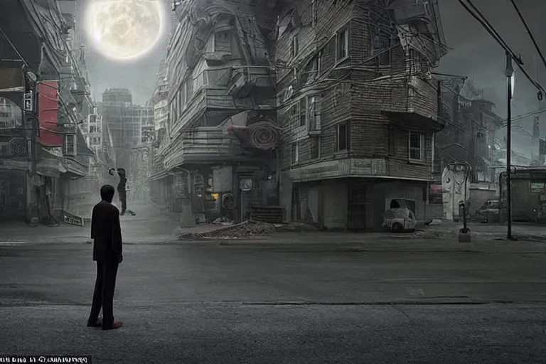 Image similar to Mysterious man standing in the middle of a sci-fi street photo by Gregory Crewdson, it\'s a city on the Moon