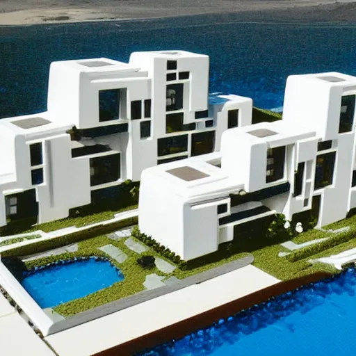 Image similar to white habitat 6 7, lego architect building in the dessert, many plants and infinite pool