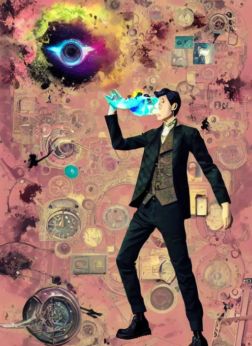 Image similar to arrogant elegant man travels through time via steampunk portals, pixiv fanbox, dramatic lighting, maximalist pastel color palette, splatter paint, pixar and disney exploded - view drawing, graphic novel by fiona staples and dustin nguyen, peter elson, alan bean, wangechi mutu, clean cel shaded vector art, trending on artstation