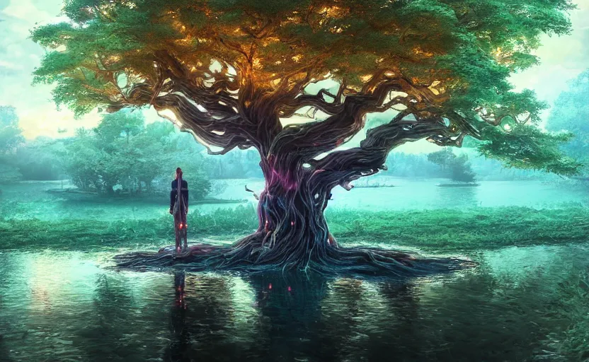 Image similar to twisted root magical tree in the middle of a lake with natural throne, anime inspired, hyper realistic, dramatic lighting, glowing leaves, 8k hdr pixiv dslr photo by Makoto Shinkai ilya kuvshinov and Wojtek Fus, digital art, concept art,