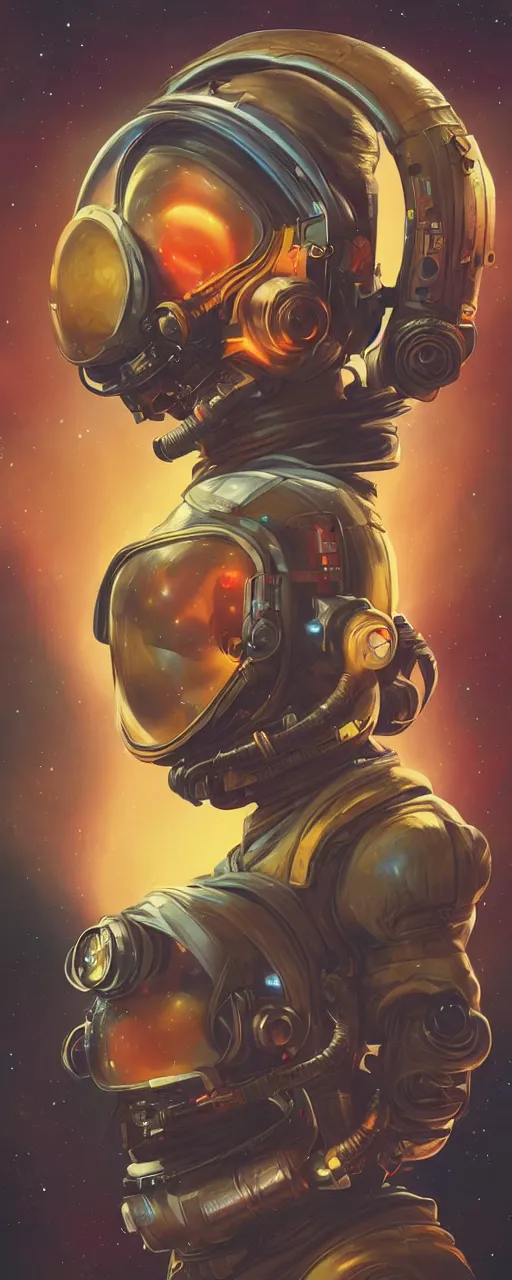 Prompt: a poster design of a single cyberpunk astronaut wearing headphones in space, universe, cyberpunk, warm color, Highly detailed labeled, poster, peter mohrbacher, featured on Artstation